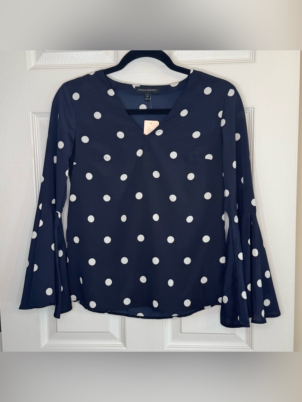 NWT $65 Banana Republic Navy Polka Dot Bell Ruffle Sleeve V-Neck Top XS Petite